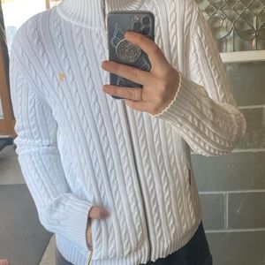 Ralph Lauren zip up knit cotton sweater. Size large, color white.